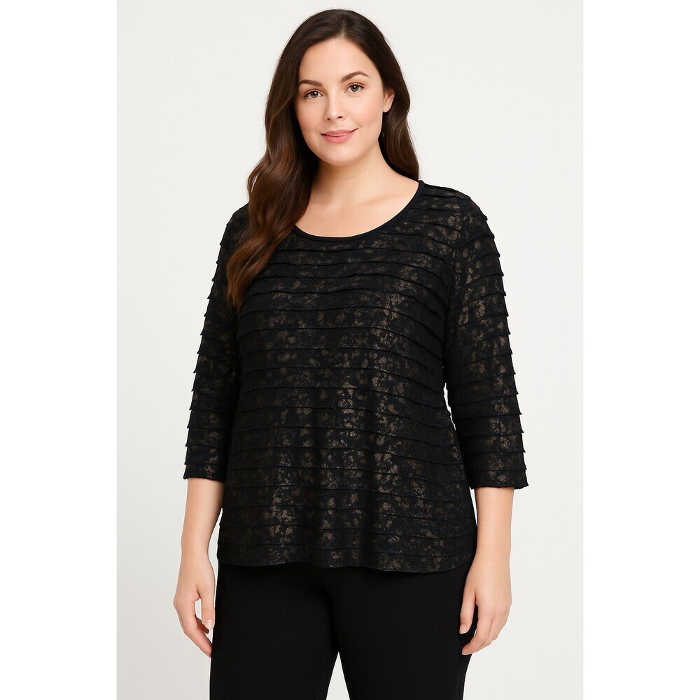 Bon Worth Womens XL Textured Ruffle Black Floral 3/4 Sleeve Top Strech